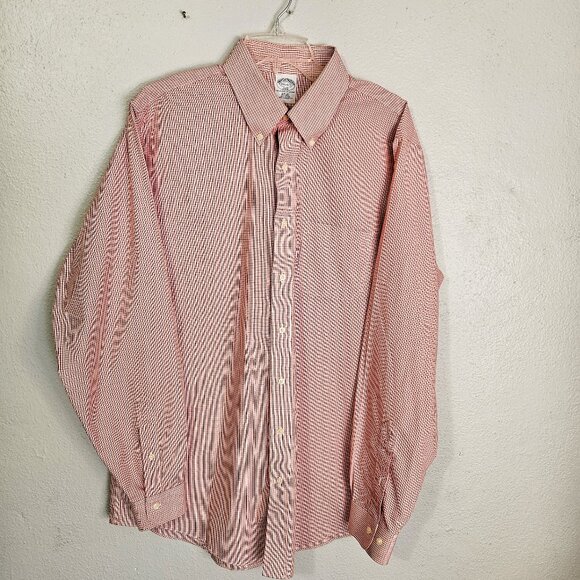 Brooks Brothers 346 Red and White Small Check Casual Minimalist Shirt Size 16.5 - Picture 1 of 6